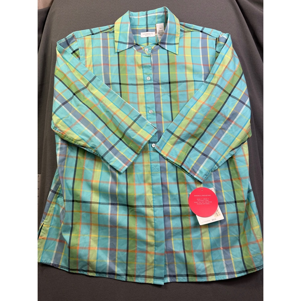 Liz Claiborne Woman Plaid Button Down Shirt 16W Turquoise Green RELU7035 NWT